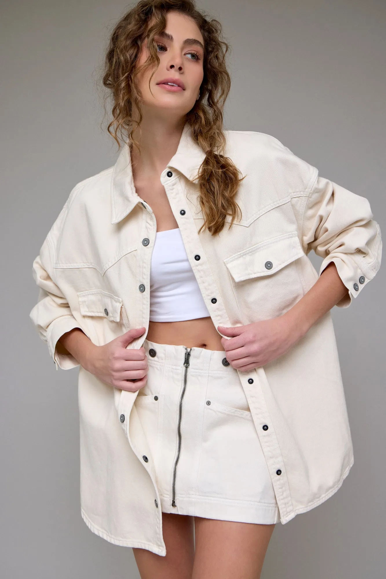 [ABBEY] Ecru Wash Oversized Western Shirt