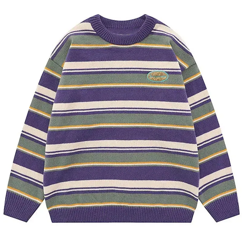 Aidase mens outfits Japanese Patchwork Striped Sweater Men Knitwears New Winter Retro Vintage Harajuku Pullover Knit Embroidery Knitted Sweater