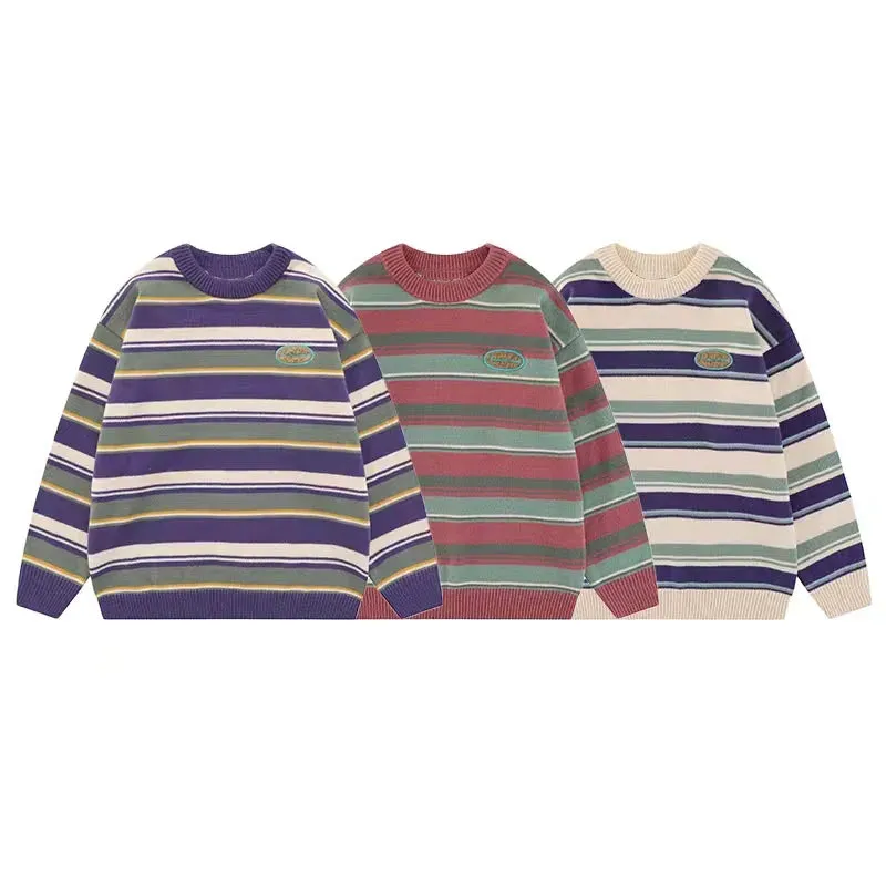 Aidase mens outfits Japanese Patchwork Striped Sweater Men Knitwears New Winter Retro Vintage Harajuku Pullover Knit Embroidery Knitted Sweater