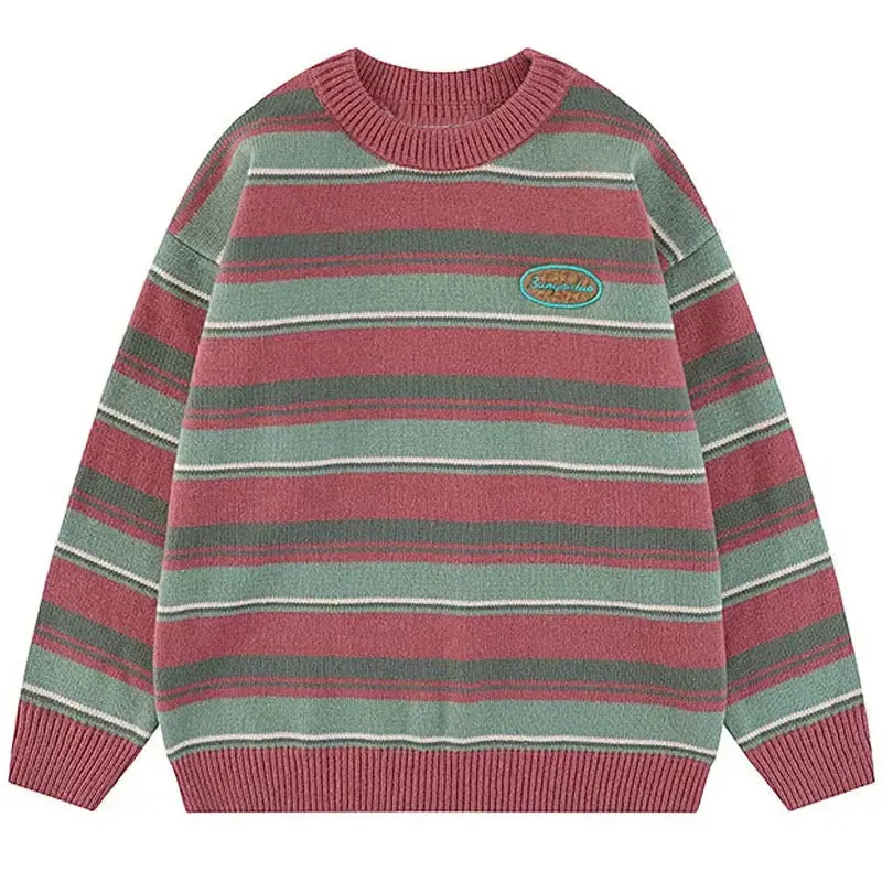 Aidase mens outfits Japanese Patchwork Striped Sweater Men Knitwears New Winter Retro Vintage Harajuku Pullover Knit Embroidery Knitted Sweater