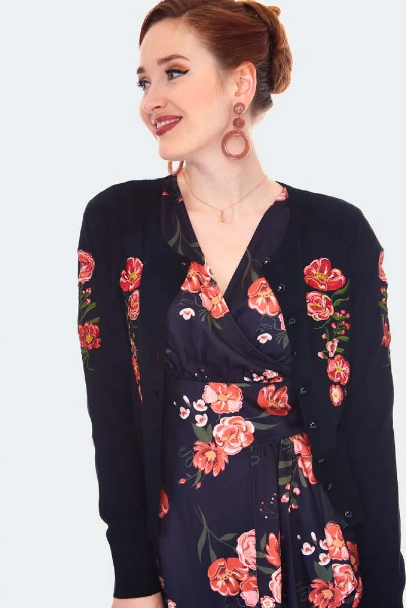 Angela Luxe Floral Embroidered Black Cardigan
