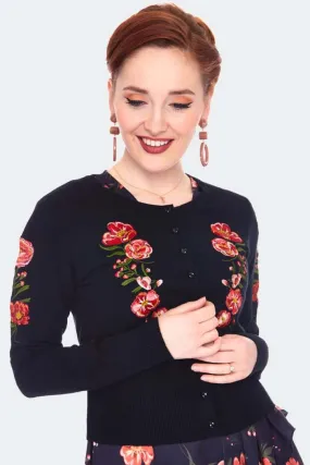 Angela Luxe Floral Embroidered Black Cardigan