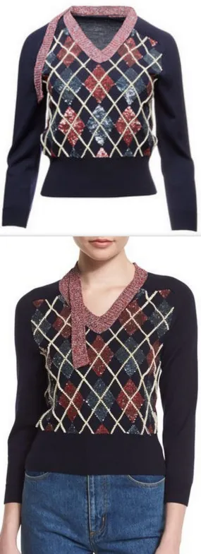 Argyle Patchwork V Neck Sweater
