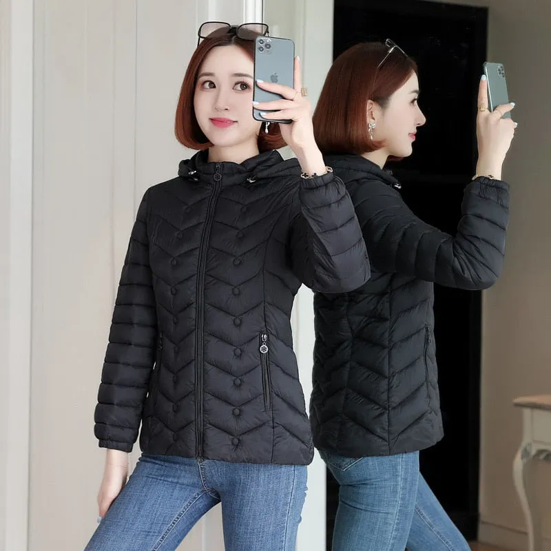 Autumn Winter Ultra-Light Thin Down  Waterproof Coat for Women - Slim Short Hooded Parka Jacket, Warm Women's Outerwear Clothing.