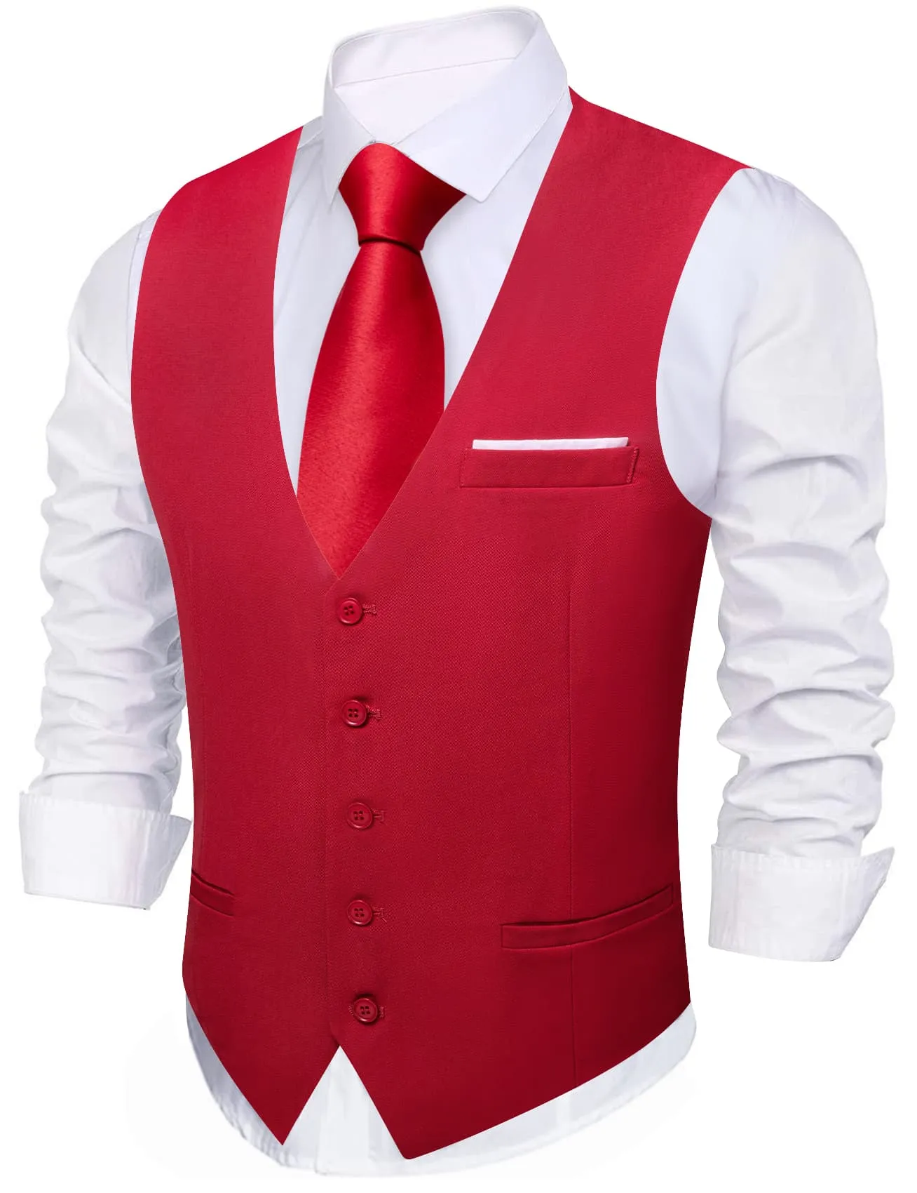 Barry Wang Crimson Red Wedding Vest Solid Men Button V-Neck Waistcoat