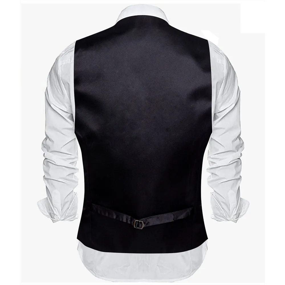 Barry Wang Mens Black Vest for Suit V-Neck Sleeveless Silk Waistcoat for Men