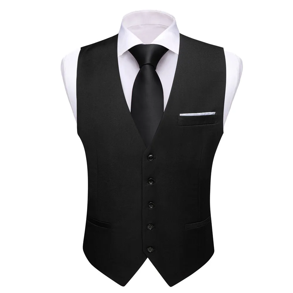 Barry Wang Mens Black Vest for Suit V-Neck Sleeveless Silk Waistcoat for Men