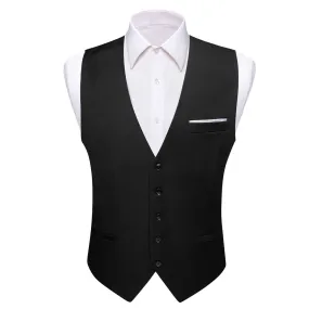 Barry Wang Mens Black Vest for Suit V-Neck Sleeveless Silk Waistcoat for Men