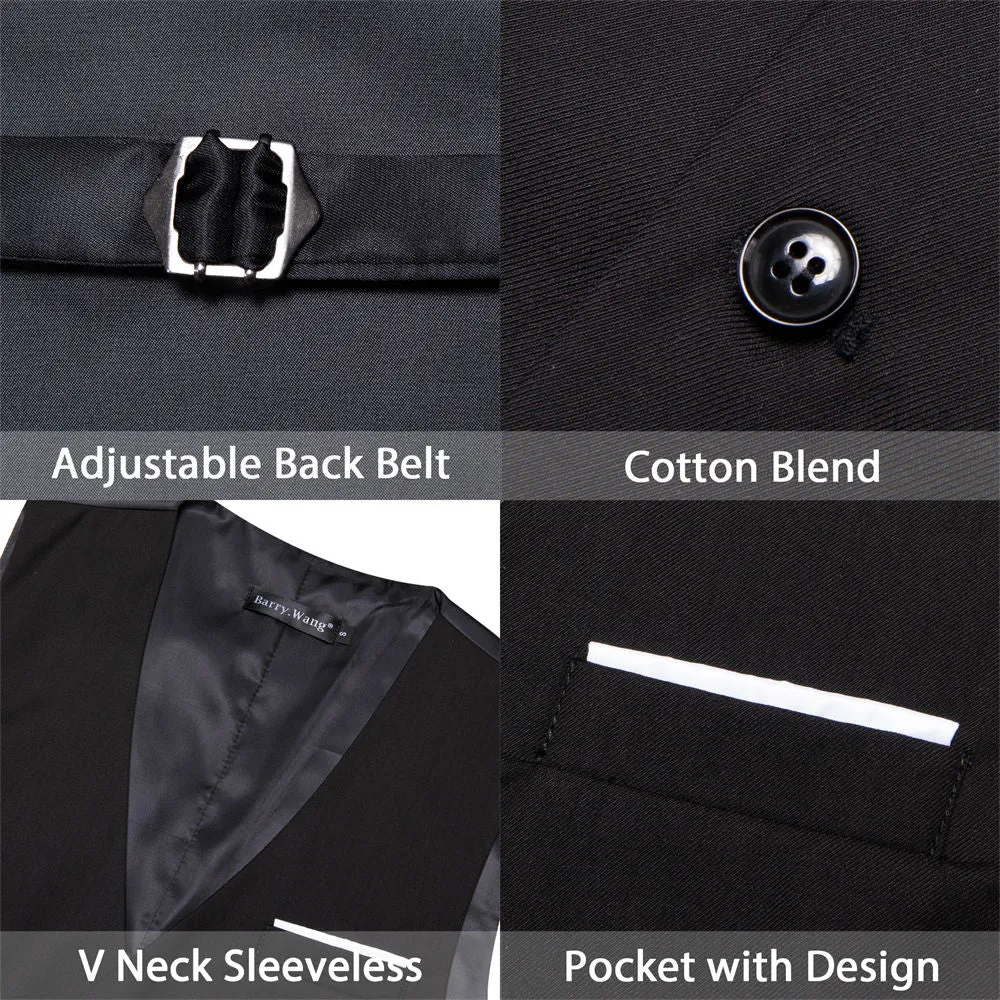 Barry Wang Mens Black Vest for Suit V-Neck Sleeveless Silk Waistcoat for Men