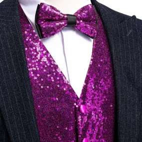 Barry Wang Mens Sequin Top Dark Purple Solid V-Neck Vest Bow Tie Set
