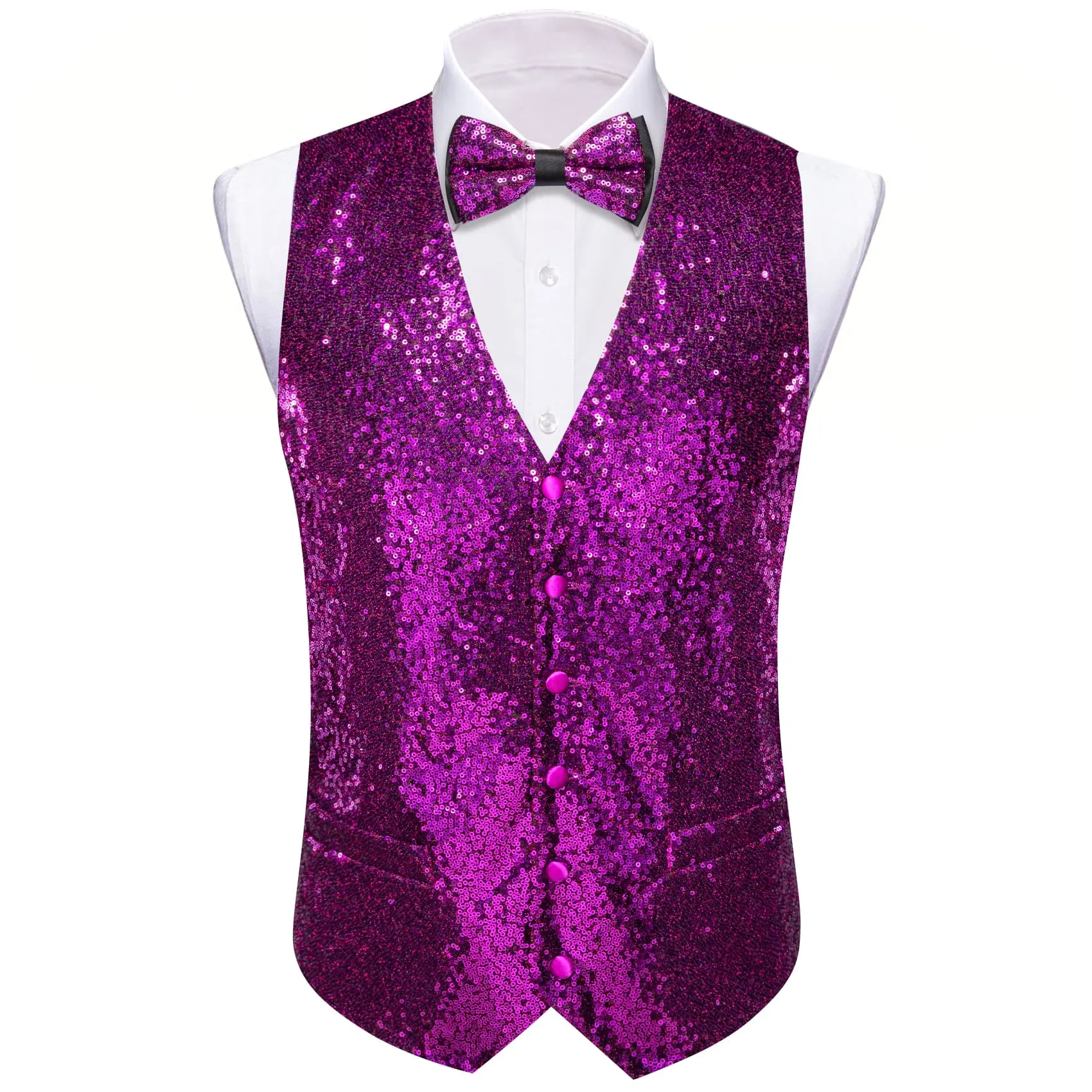 Barry Wang Mens Sequin Top Dark Purple Solid V-Neck Vest Bow Tie Set