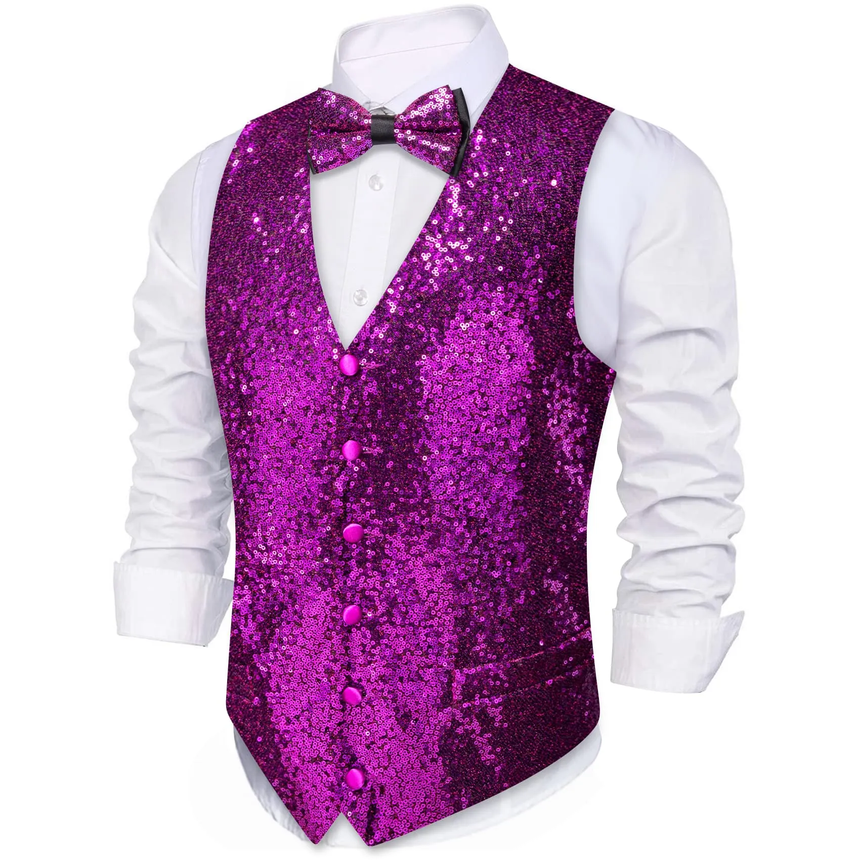 Barry Wang Mens Sequin Top Dark Purple Solid V-Neck Vest Bow Tie Set
