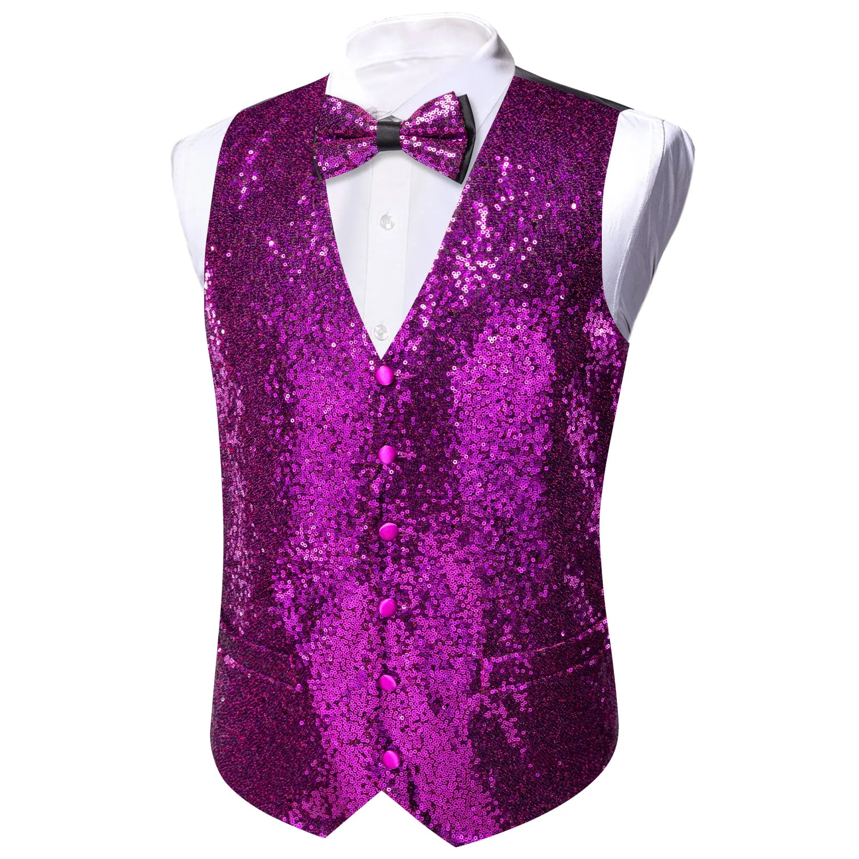 Barry Wang Mens Sequin Top Dark Purple Solid V-Neck Vest Bow Tie Set