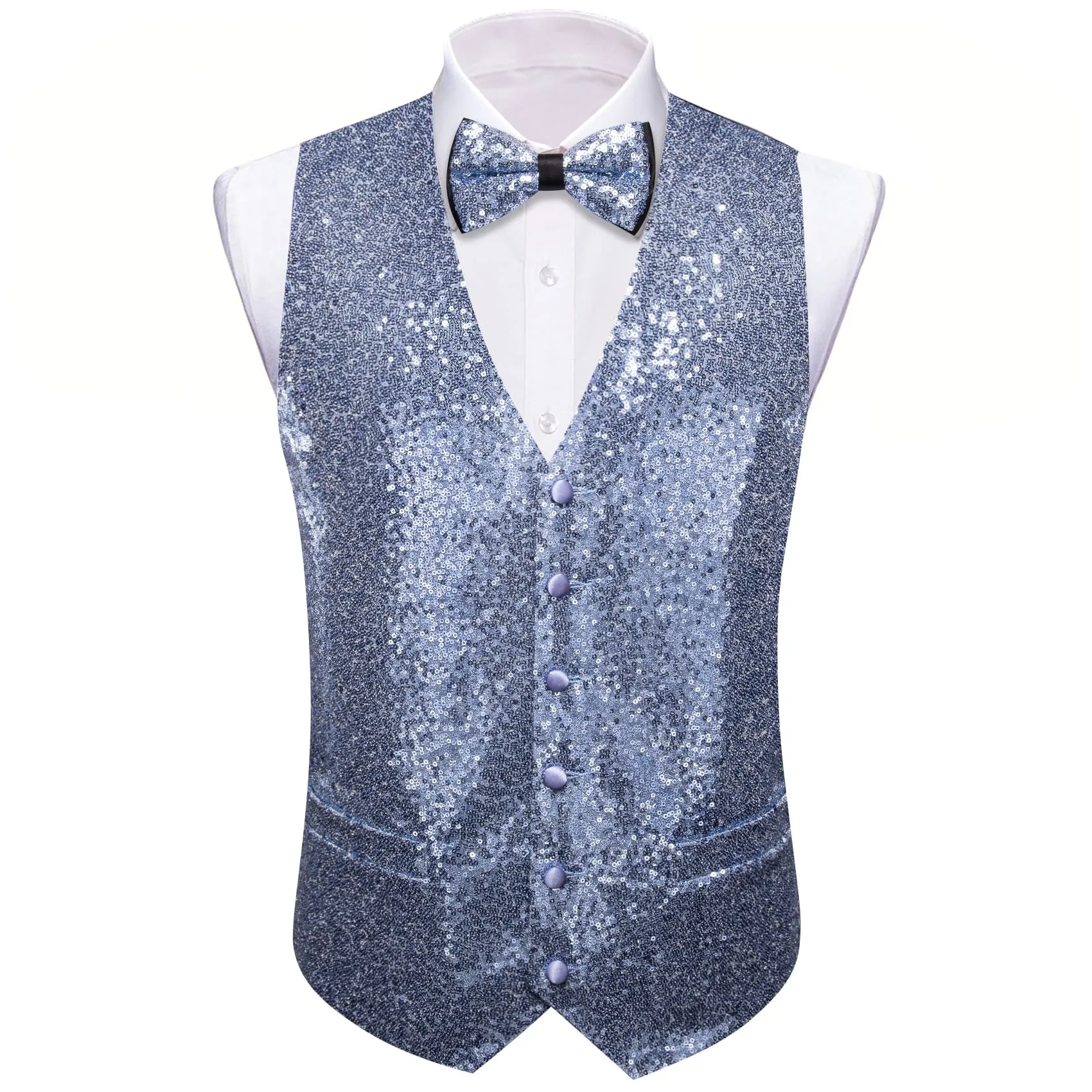 Barry Wang Mens Sequin Top Sillver Blue Solid V-Neck Vest Bow Tie Set
