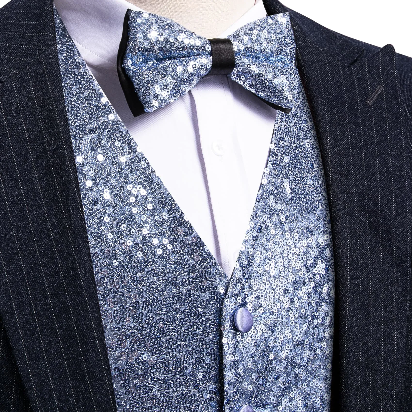 Barry Wang Mens Sequin Top Sillver Blue Solid V-Neck Vest Bow Tie Set