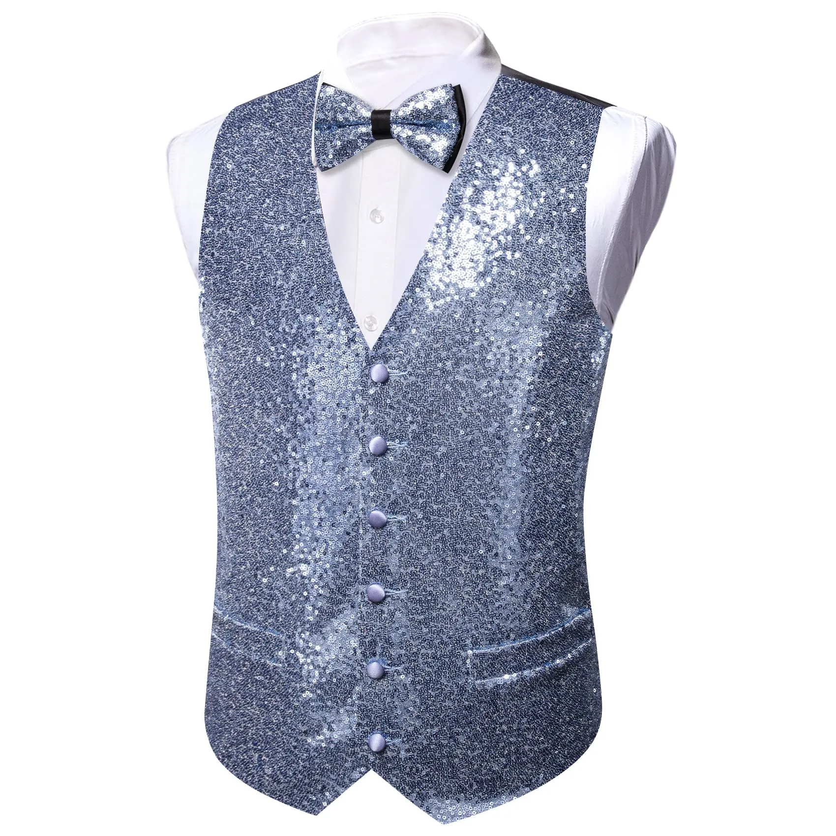 Barry Wang Mens Sequin Top Sillver Blue Solid V-Neck Vest Bow Tie Set