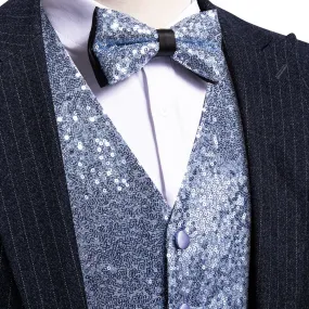 Barry Wang Mens Sequin Top Sillver Blue Solid V-Neck Vest Bow Tie Set