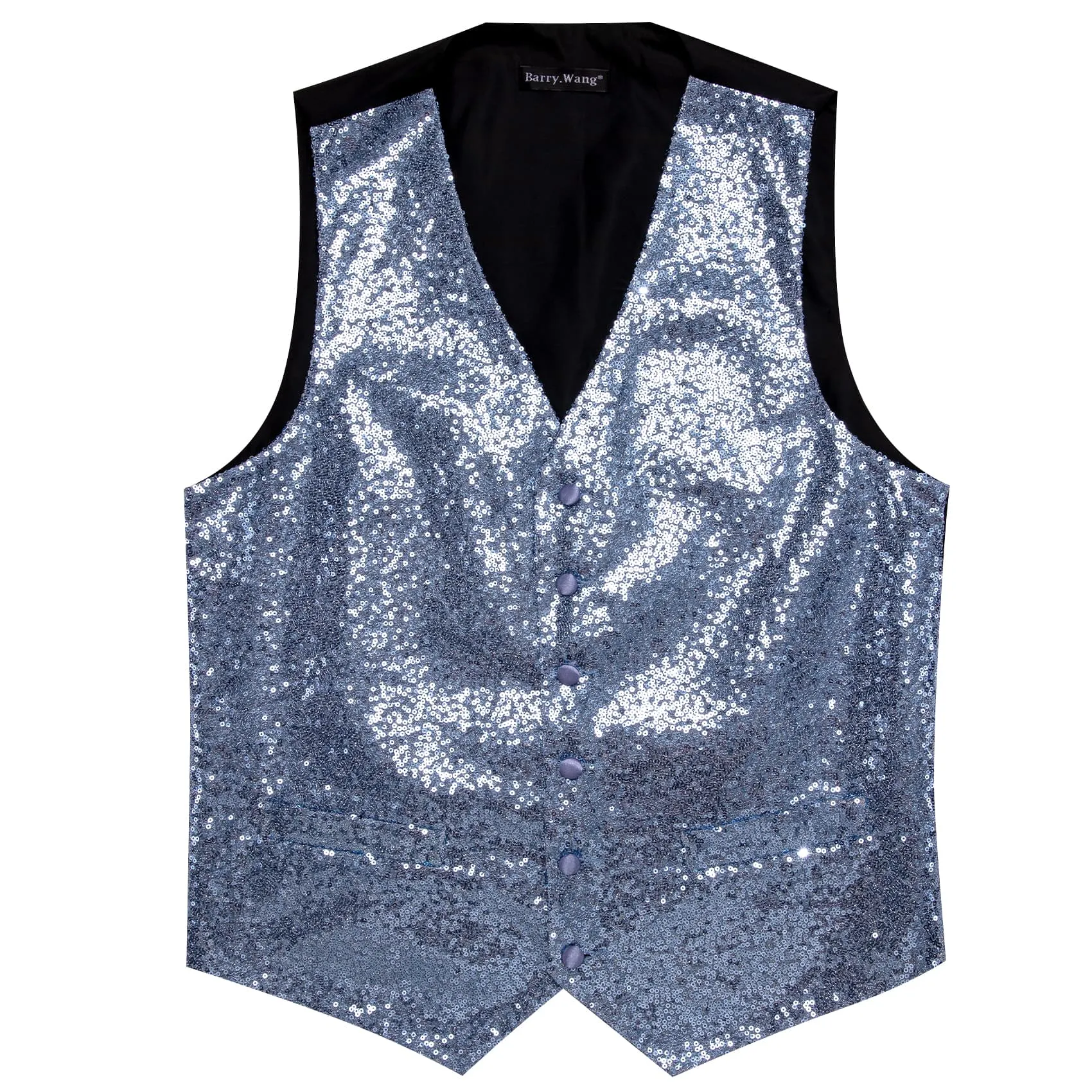 Barry Wang Mens Sequin Top Sillver Blue Solid V-Neck Vest Bow Tie Set