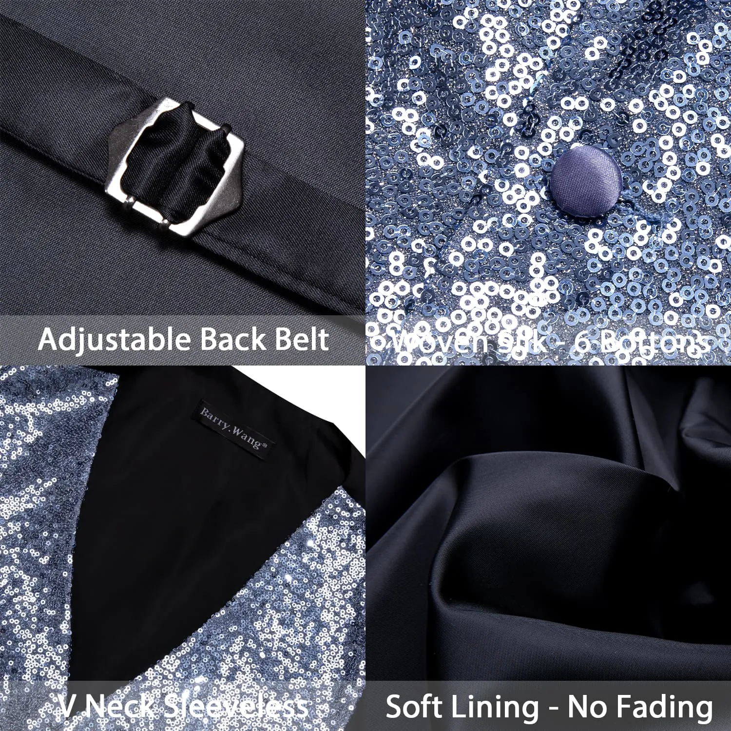 Barry Wang Mens Sequin Top Sillver Blue Solid V-Neck Vest Bow Tie Set