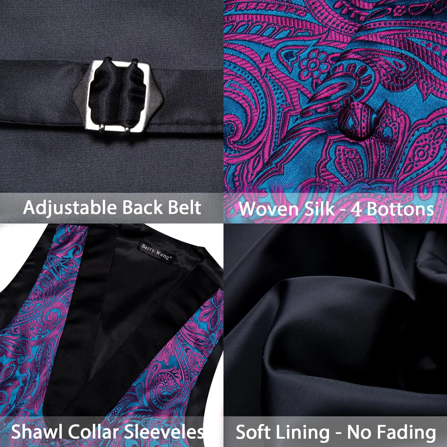 Barry Wang Mens Vest Blue Purple Paisley Black Shawl Lapel Silk Waistcoat Tie Set