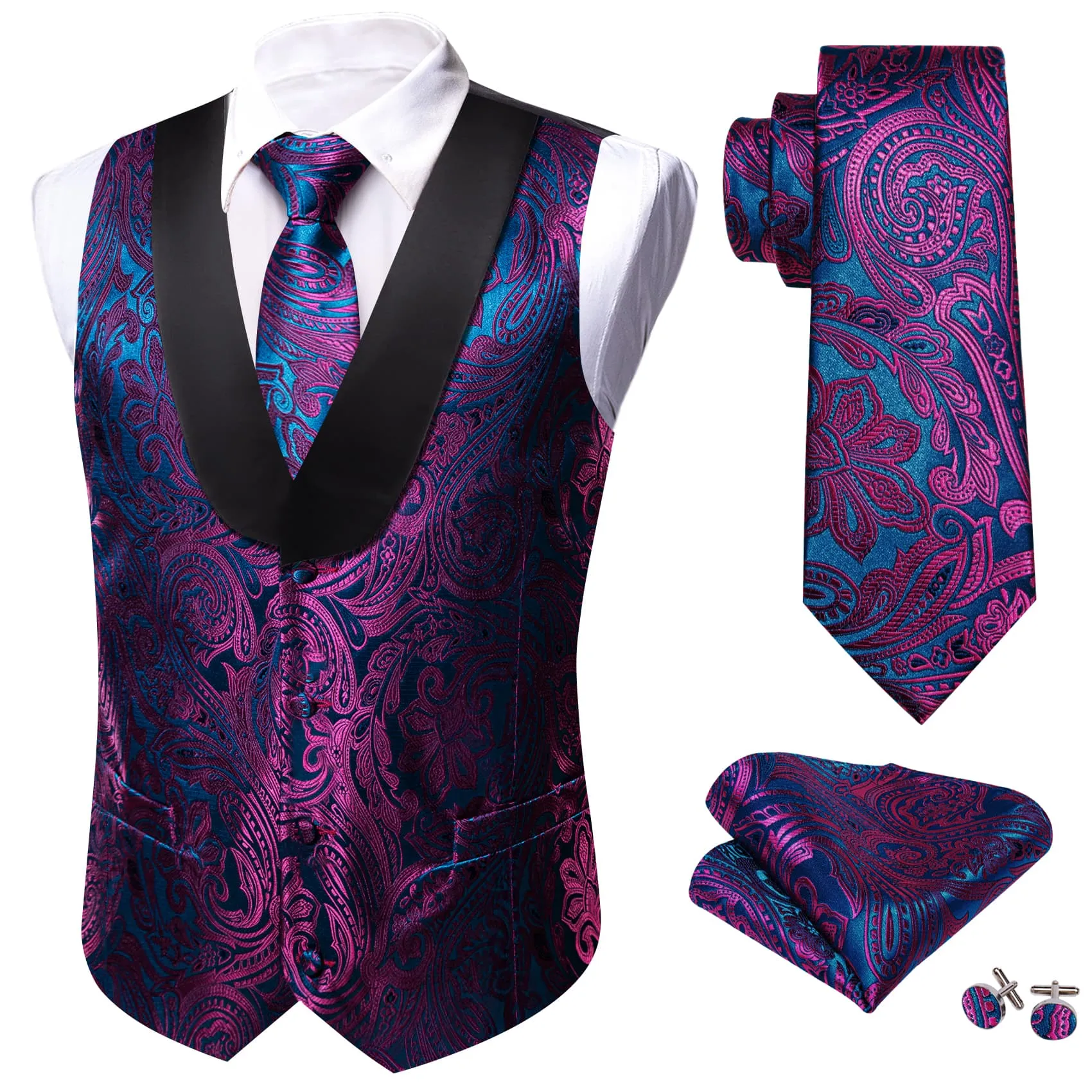 Barry Wang Mens Vest Blue Purple Paisley Black Shawl Lapel Silk Waistcoat Tie Set