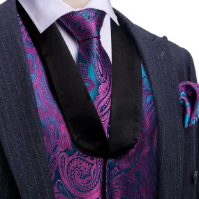 Barry Wang Mens Vest Blue Purple Paisley Black Shawl Lapel Silk Waistcoat Tie Set