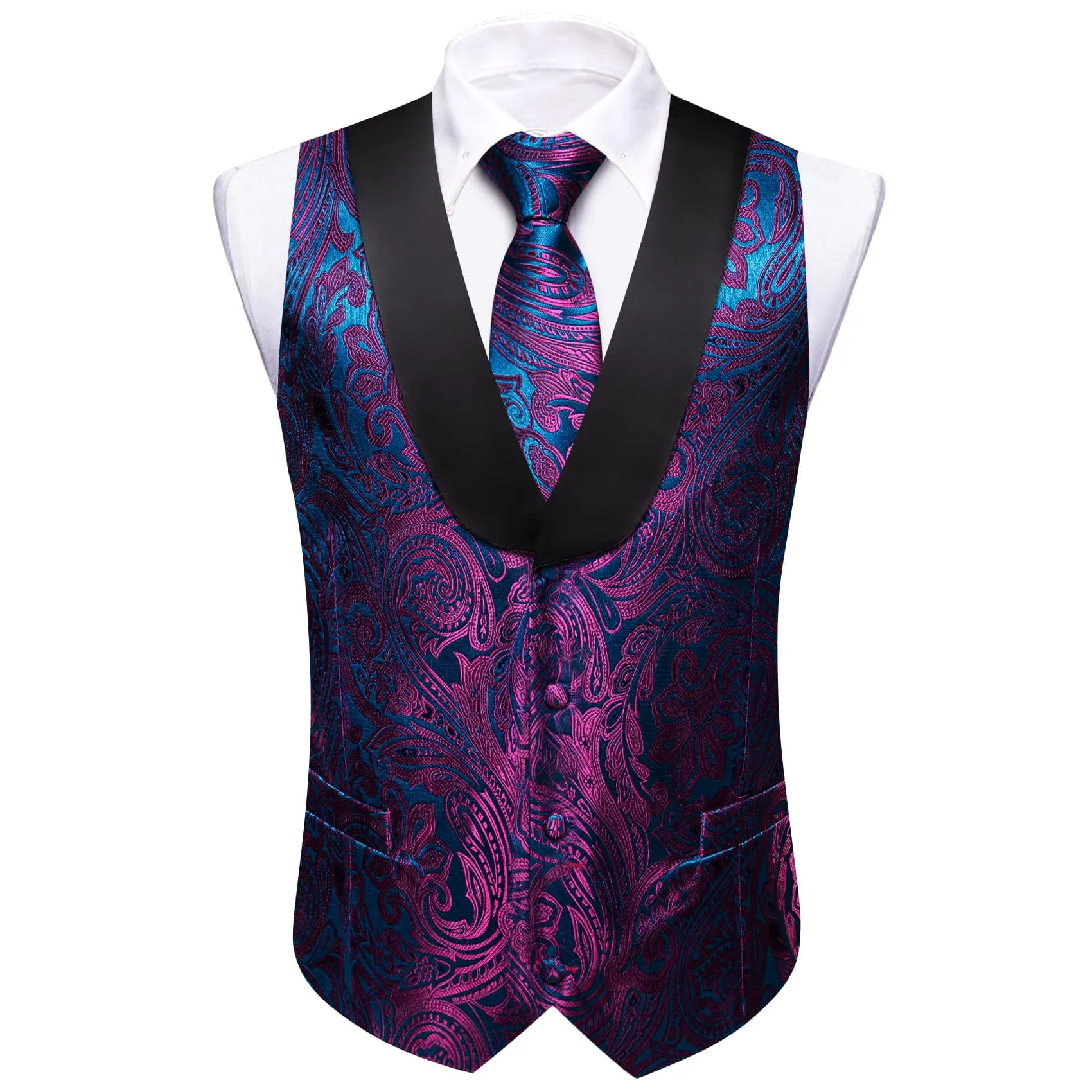 Barry Wang Mens Vest Blue Purple Paisley Black Shawl Lapel Silk Waistcoat Tie Set