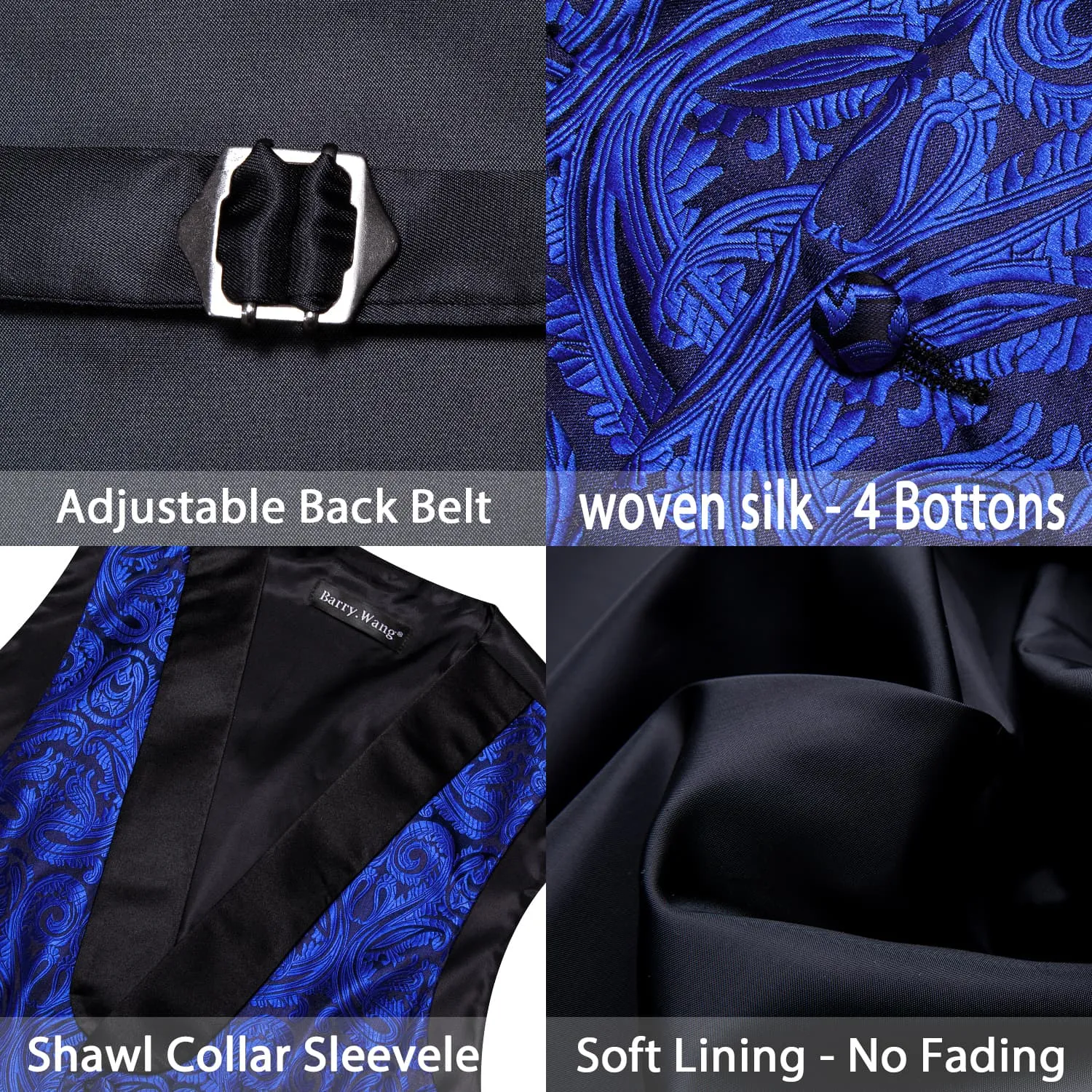 Barry Wang Mens Vest Navy Blue Paisley Black Shawl Lapel Silk Waistcoat Tie Set