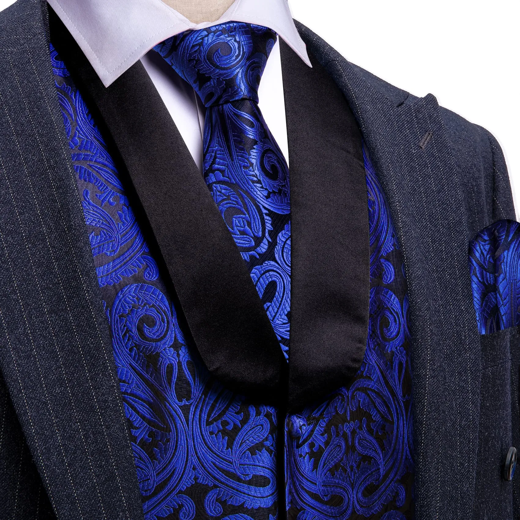Barry Wang Mens Vest Navy Blue Paisley Black Shawl Lapel Silk Waistcoat Tie Set
