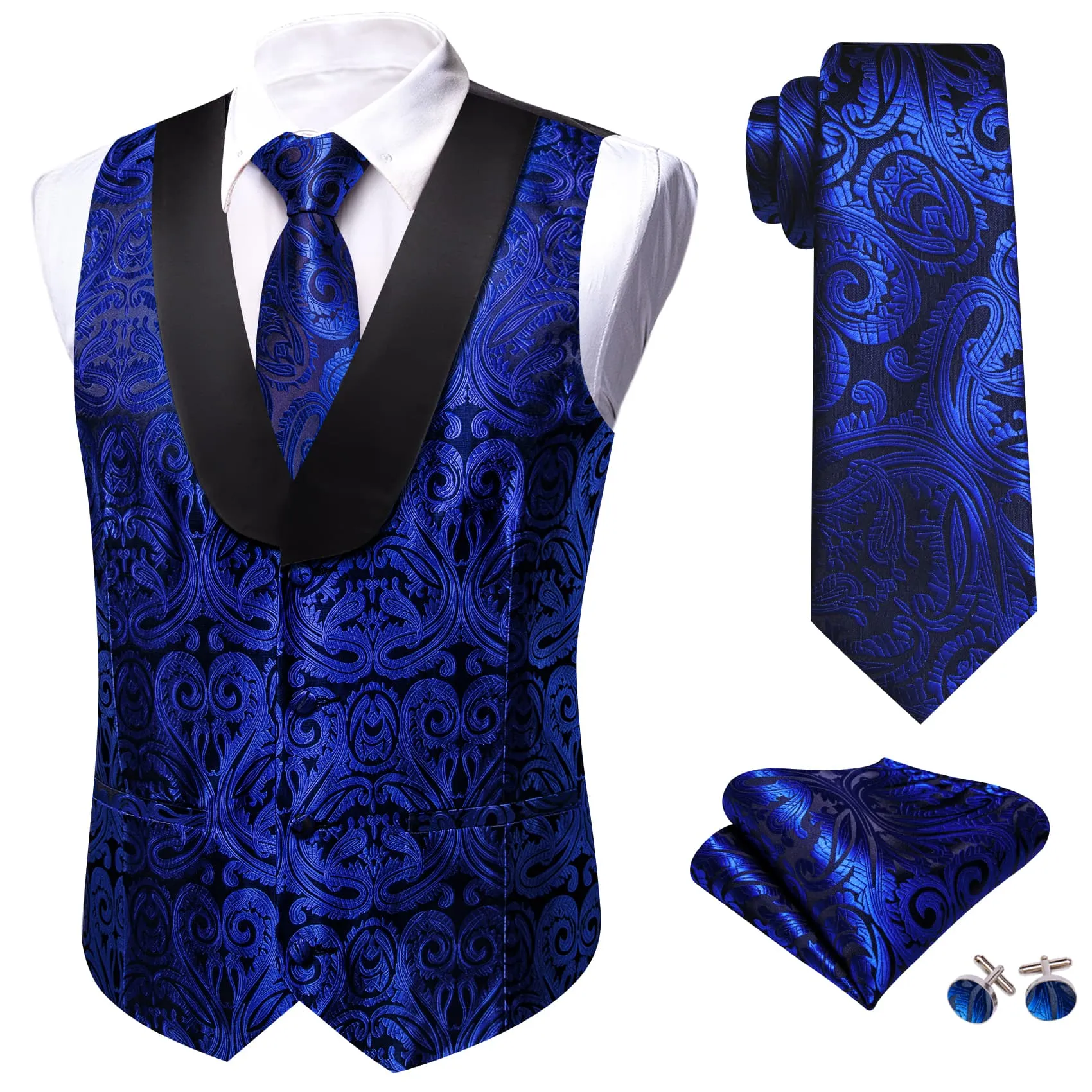 Barry Wang Mens Vest Navy Blue Paisley Black Shawl Lapel Silk Waistcoat Tie Set