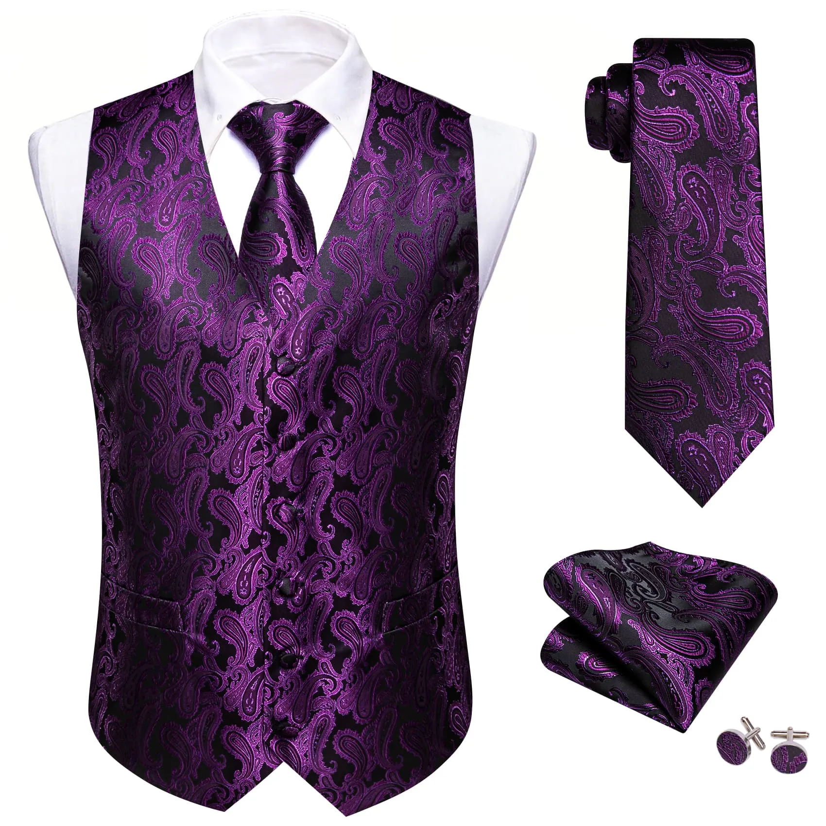 Barry Wang Mens Vest Set Dark Purple Black Paisley V-Neck Waistcoat