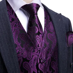 Barry Wang Mens Vest Set Dark Purple Black Paisley V-Neck Waistcoat