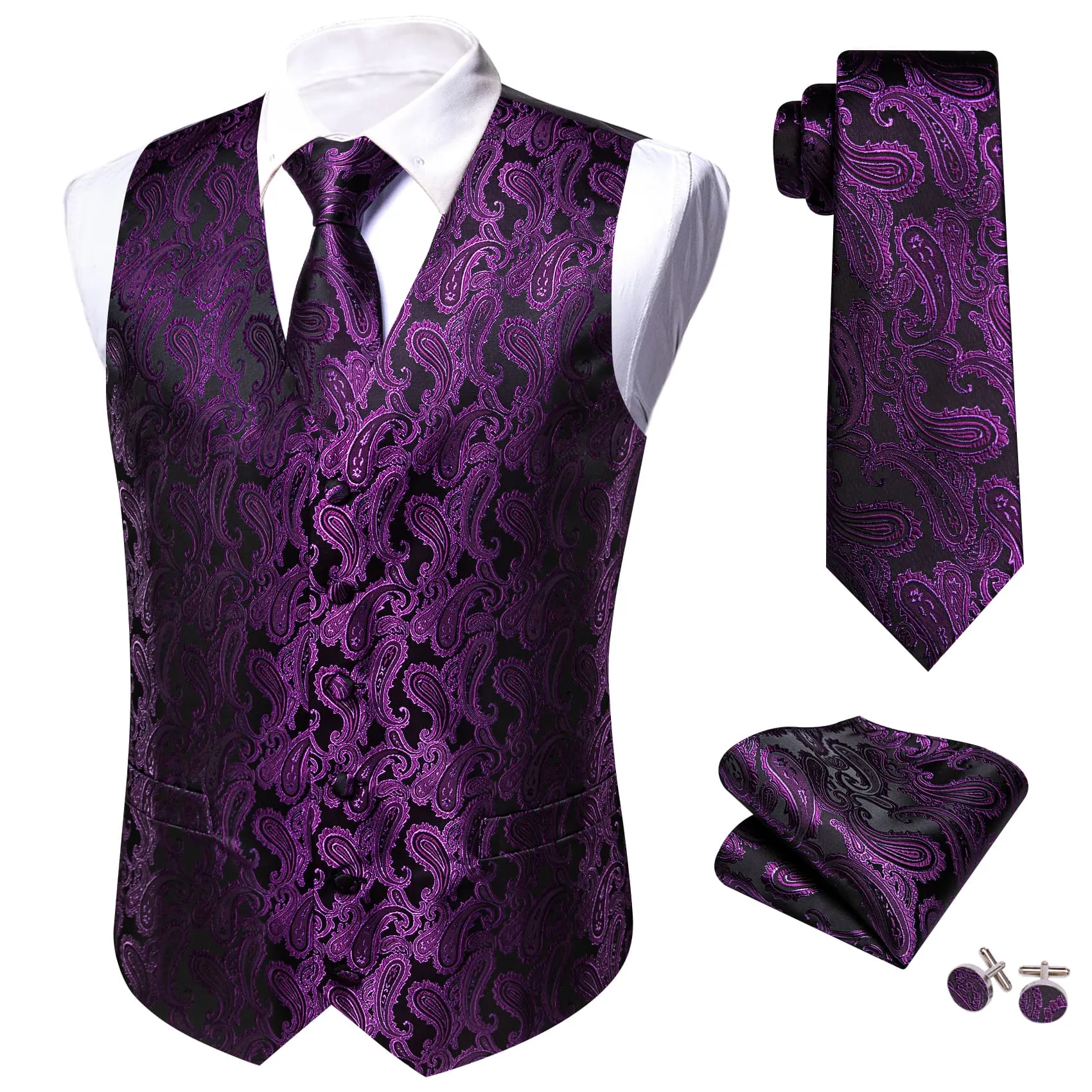 Barry Wang Mens Vest Set Dark Purple Black Paisley V-Neck Waistcoat