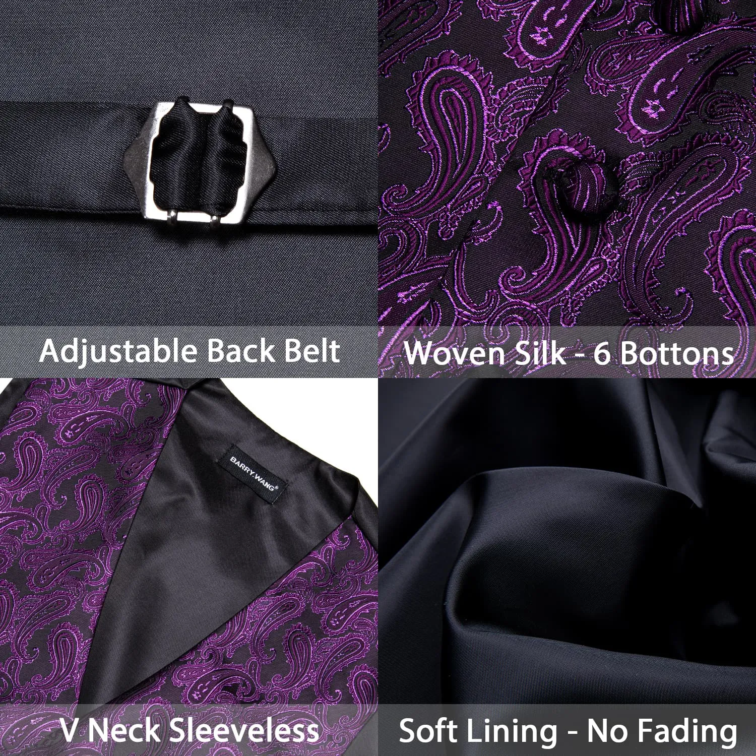 Barry Wang Mens Vest Set Dark Purple Black Paisley V-Neck Waistcoat