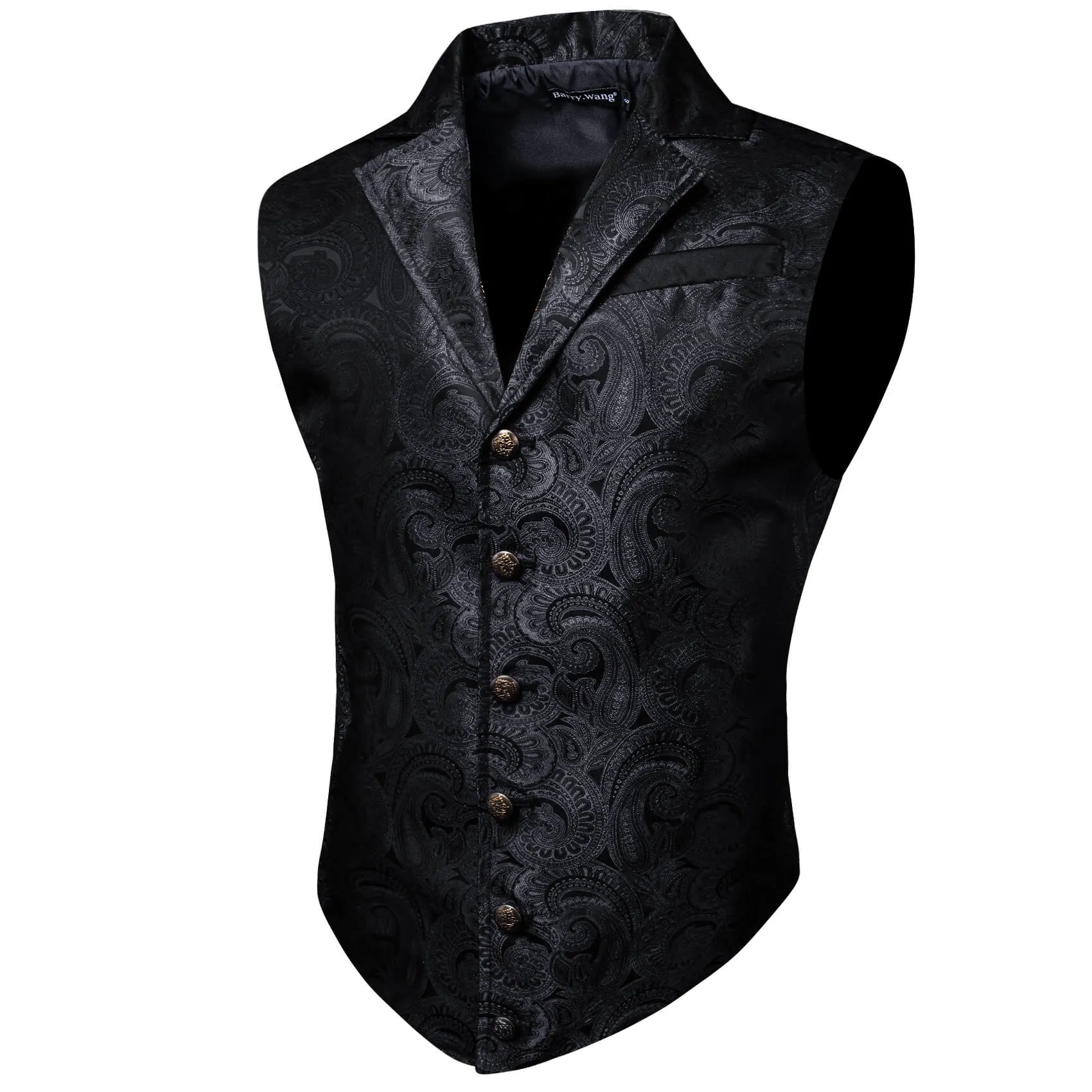 Barry Wang Notch Lapel Vest Jacquard Paisley Black Waistcoat