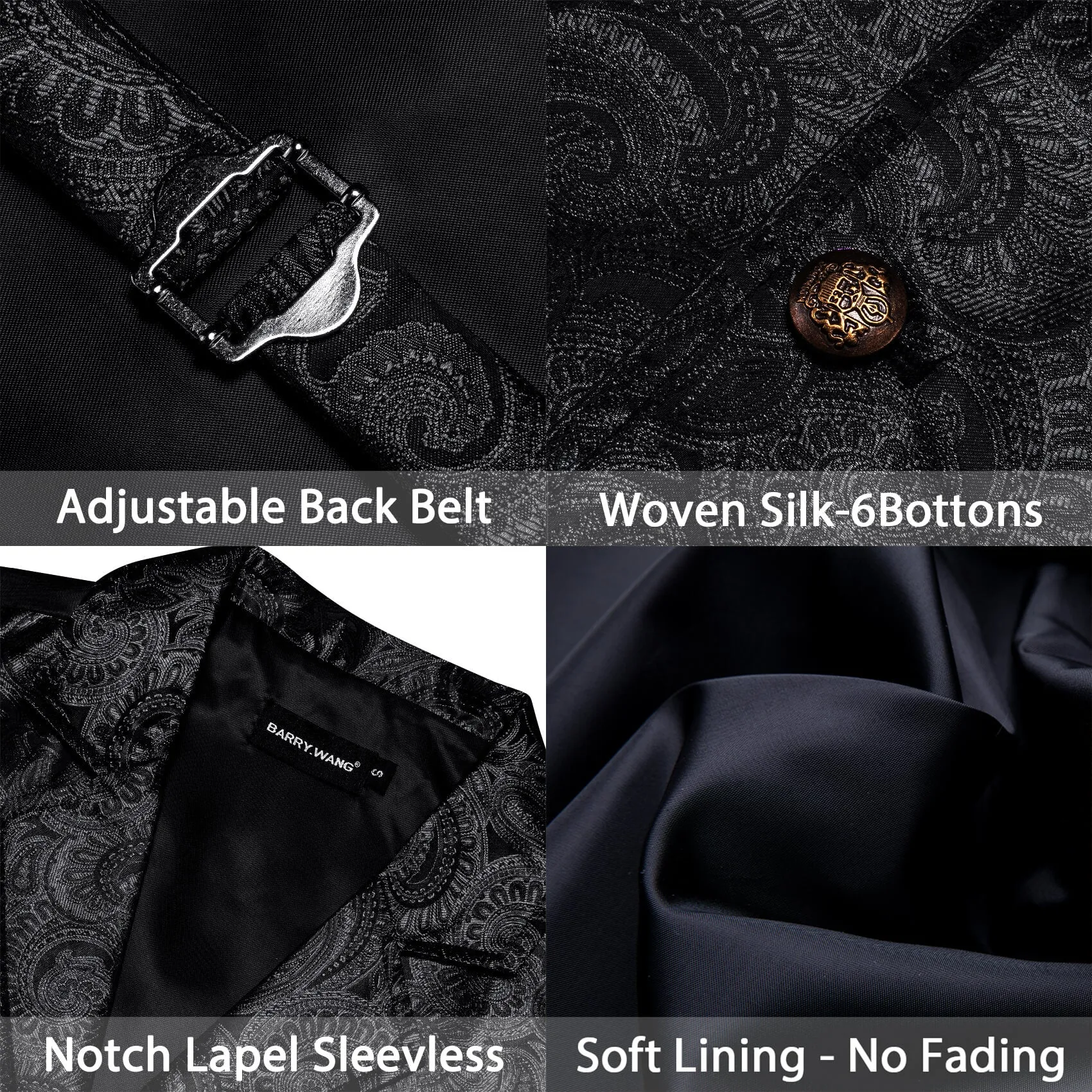 Barry Wang Notch Lapel Vest Jacquard Paisley Black Waistcoat