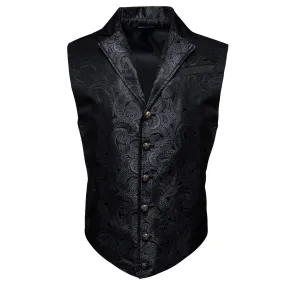 Barry Wang Notch Lapel Vest Jacquard Paisley Black Waistcoat