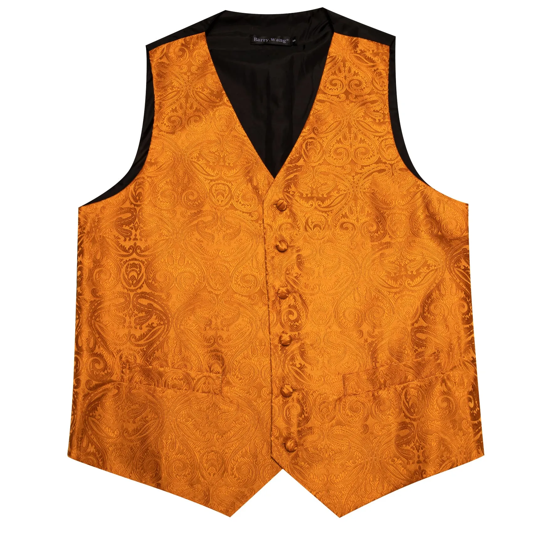 Barry Wang Orange Paisley Wedding Vest V-Neck Mens Silk Suit Waistcoat