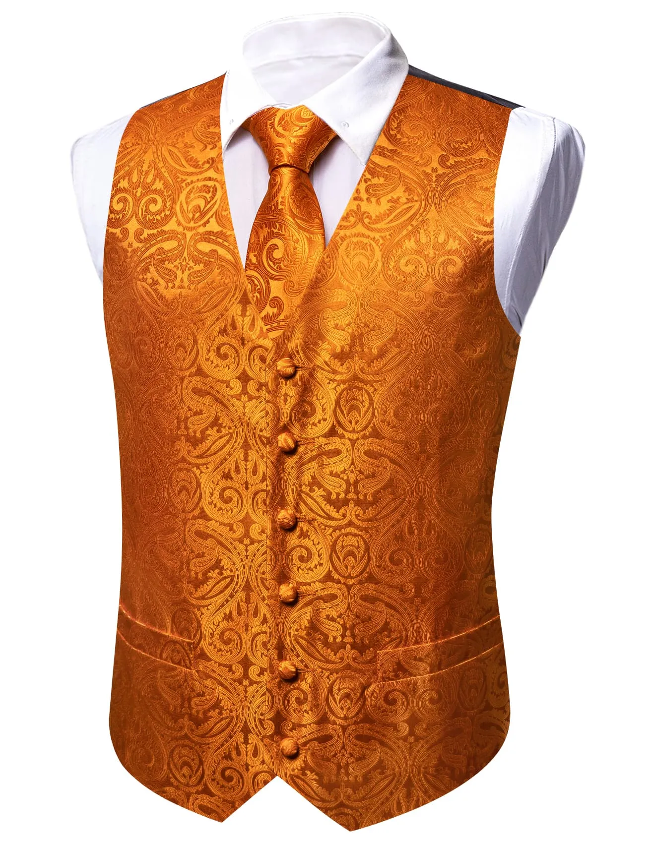 Barry Wang Orange Paisley Wedding Vest V-Neck Mens Silk Suit Waistcoat