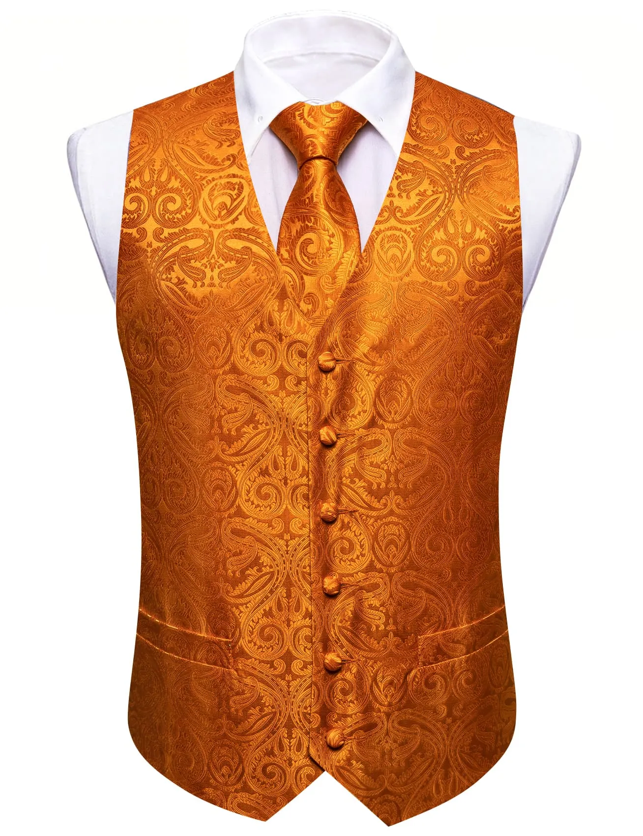 Barry Wang Orange Paisley Wedding Vest V-Neck Mens Silk Suit Waistcoat