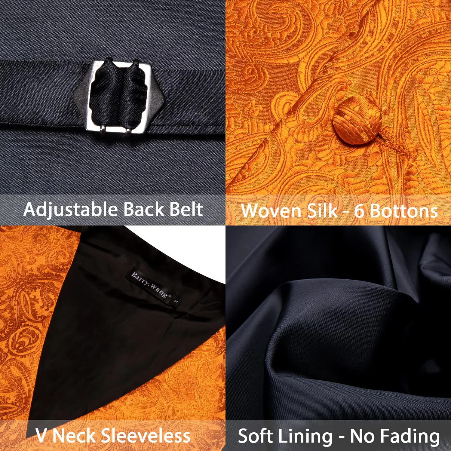 Barry Wang Orange Paisley Wedding Vest V-Neck Mens Silk Suit Waistcoat