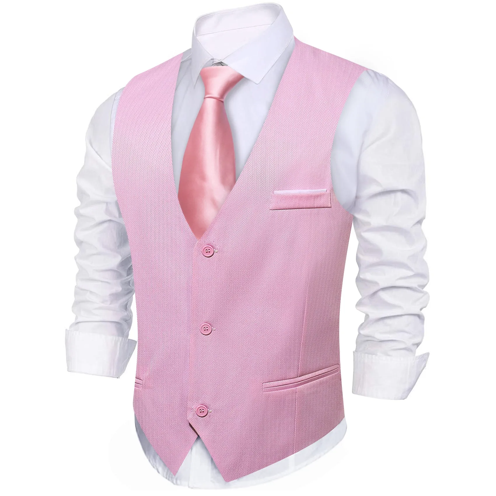 Barry Wang Vest Men's Pink Solid V-Neck Waistcoat Suit for Business