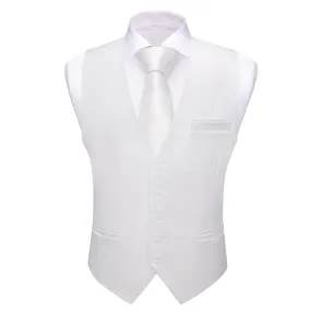 Barry Wang White Wedding Vest Solid Mens Silk Button V-Neck Waistcoat