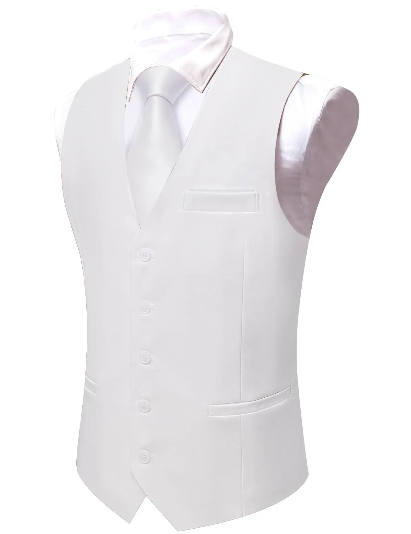 Barry Wang White Wedding Vest Solid Mens Silk Button V-Neck Waistcoat