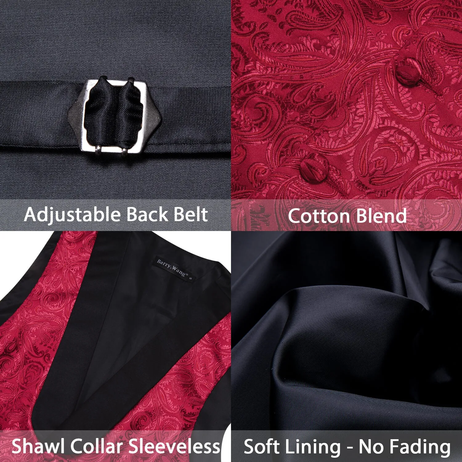 Barry.wang Men's Vest Burgundy Red Jacquard Paisley Silk Shawl Collar Vest Tie Pocket Square Cufflinks Set