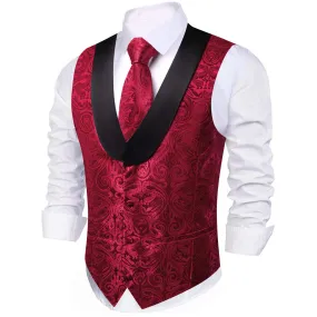 Barry.wang Men's Vest Burgundy Red Jacquard Paisley Silk Shawl Collar Vest Tie Pocket Square Cufflinks Set