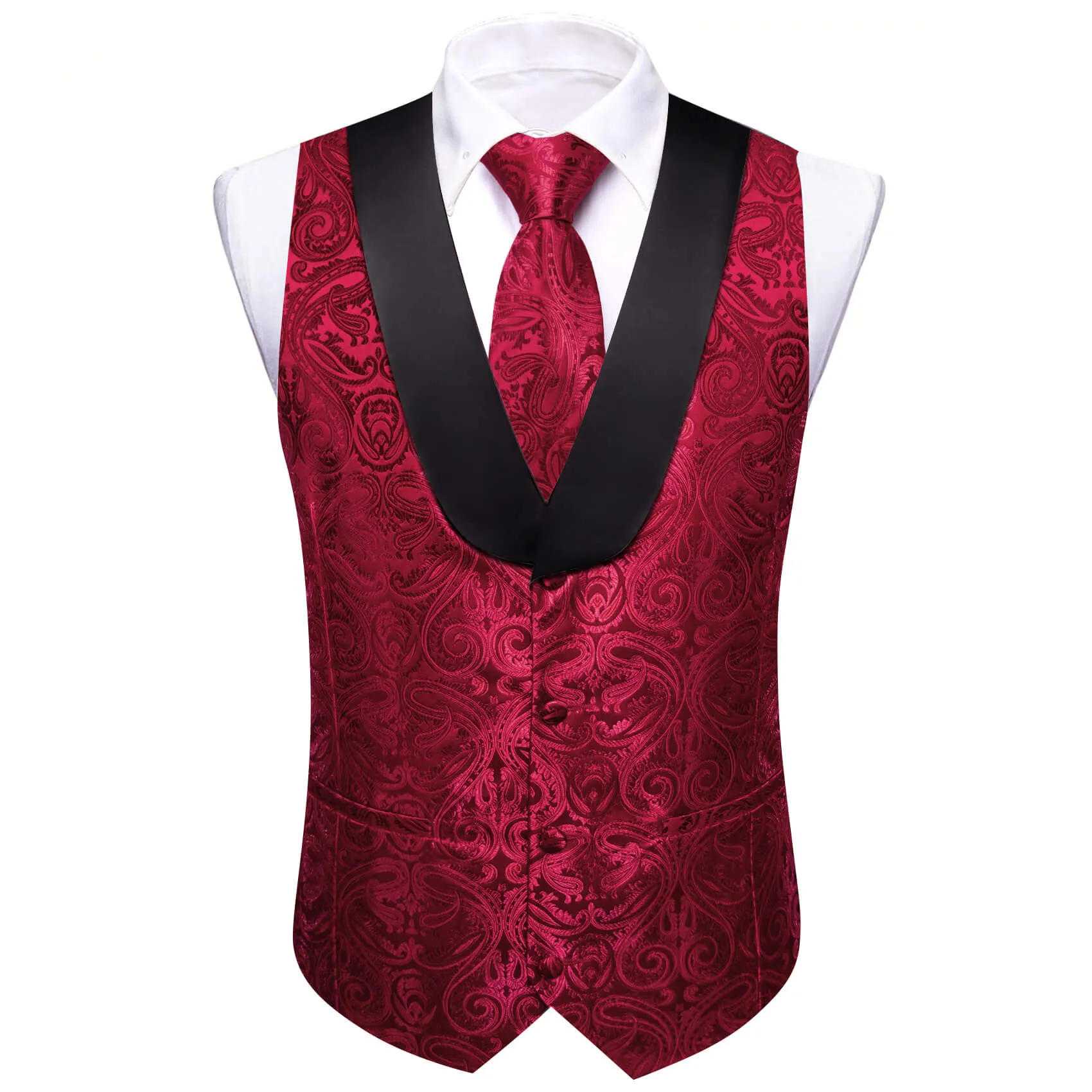 Barry.wang Men's Vest Burgundy Red Jacquard Paisley Silk Shawl Collar Vest Tie Pocket Square Cufflinks Set