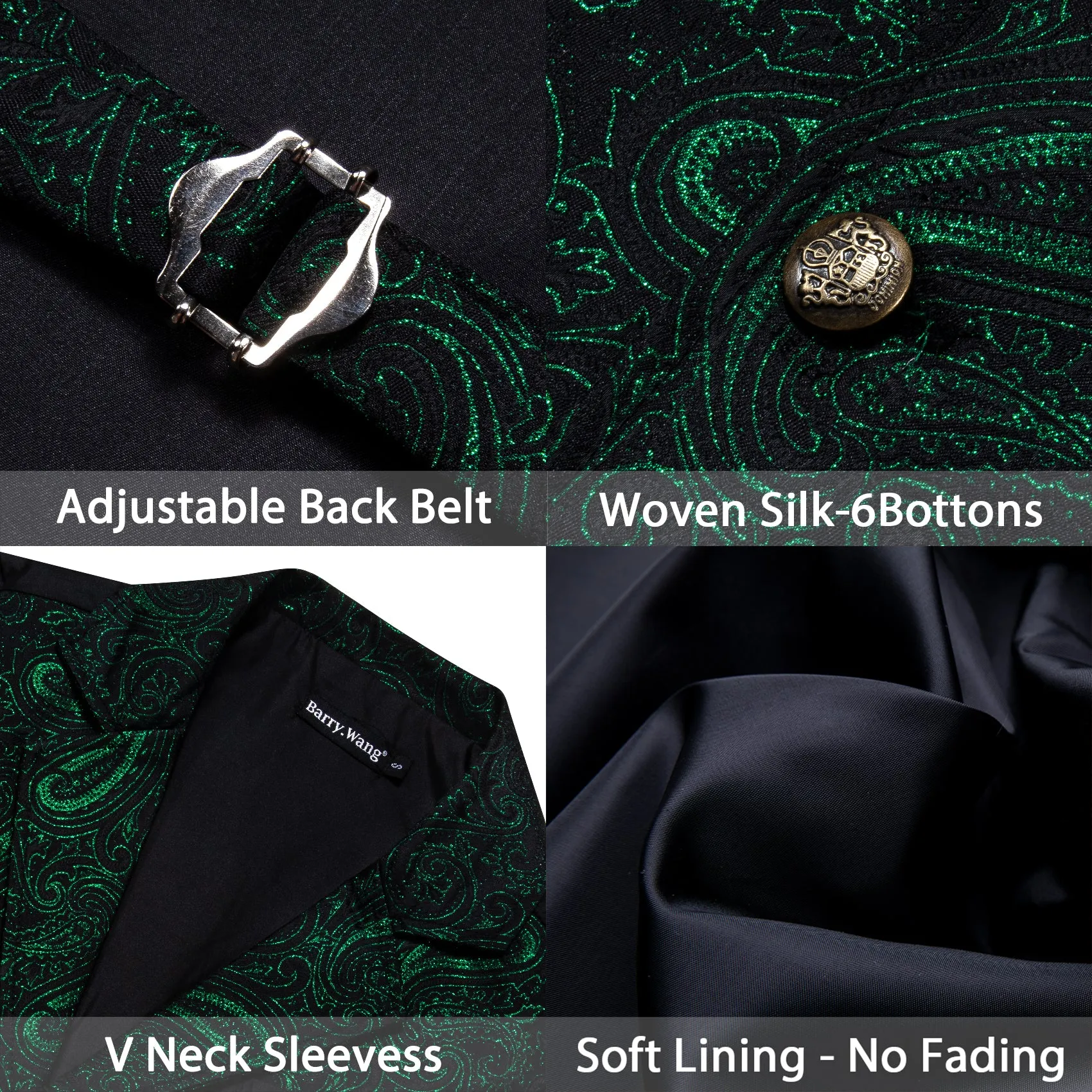 Barry.wang Men's Vest Green Paisley Jacquard Floral Silk Waistcoat Vest