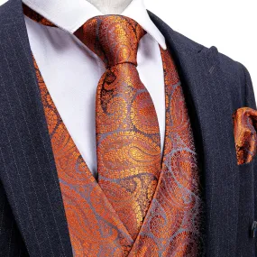 Barry.wang Men's Vest Orange Paisley Silk Tuxedo Vest Necktie Pocket Square Cufflinks Set