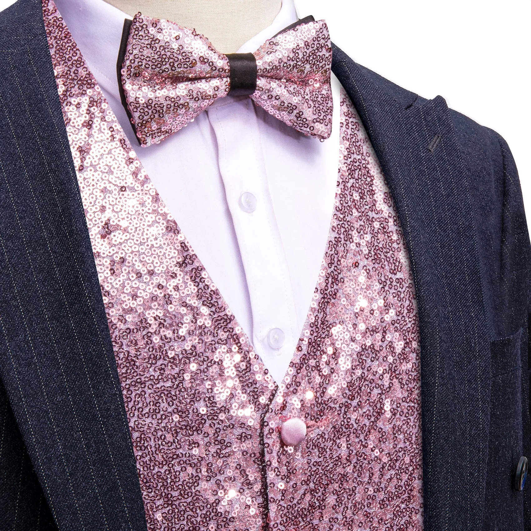 Barry.wang Men's Vest Pink Shining Bow tie Waistcoat Vest Set for Party